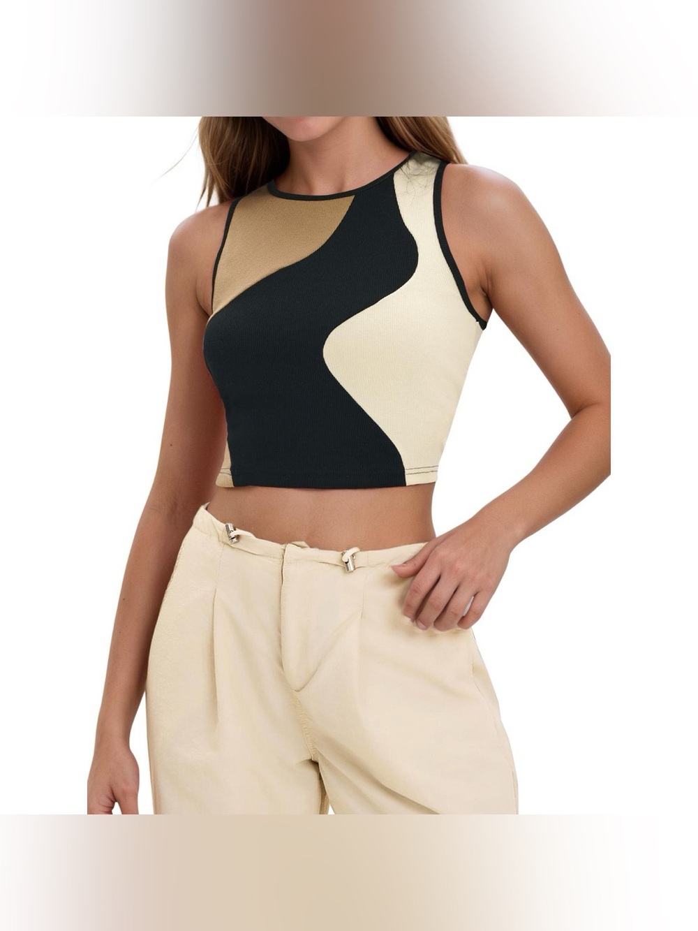 NWT INSPIRE CHIC Women's Color Block Summer Crew Neck Ribbed Sleeveless Crop Top
